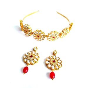 Gold-Plated Handcrafted Kundan Sheeshphool / Sheeshpatti / Matha Patti Hairband with Matching Earrings – Bridal Wedding Hair Accessory for Women & Girls