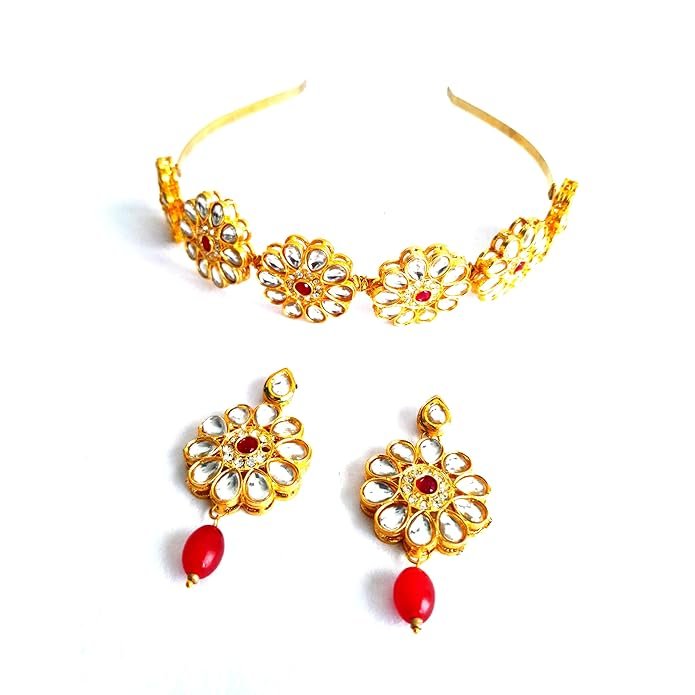 Gold-Plated Handcrafted Kundan Sheeshphool / Sheeshpatti / Matha Patti Hairband with Matching Earrings – Bridal Wedding Hair Accessory for Women & Girls