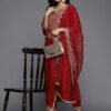 Indo Era Women Red Embroidered Sequinned Liva Kurta with Trousers & Organza Dupatta