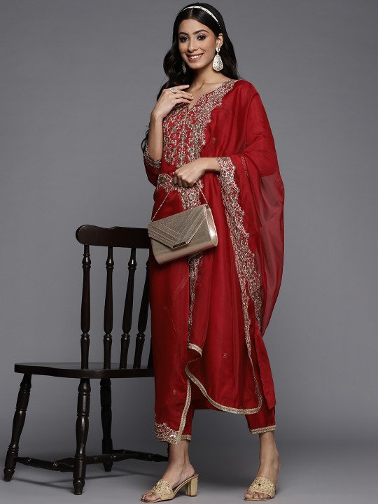 Indo Era Women Red Embroidered Sequinned Liva Kurta with Trousers & Organza Dupatta