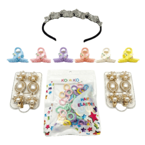 NestShobha Kids Hair Accessories Combo Set | 1 Crystal Hair Band, 2 Pairs Pearl Hair Clips, 6 Cute Hair Clutches & 60 pcs Soft Hair Rubber Bands | Girls Party & Daily Wear Set